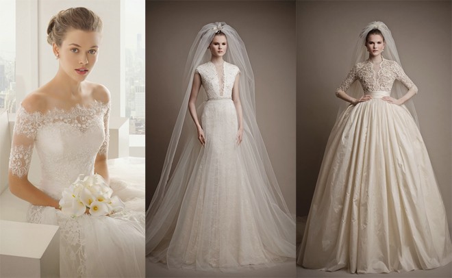 Các kiểu váy cưới chữ A xòe nhẹ, kết hợp phần cổ thuyền sang trọng cũng rất thích hợp vì chúng giúp bạn khoe khéo đường cong đẹp từ eo xuống hông, vốn là ưu điểm vượt trội của dáng quả lê.